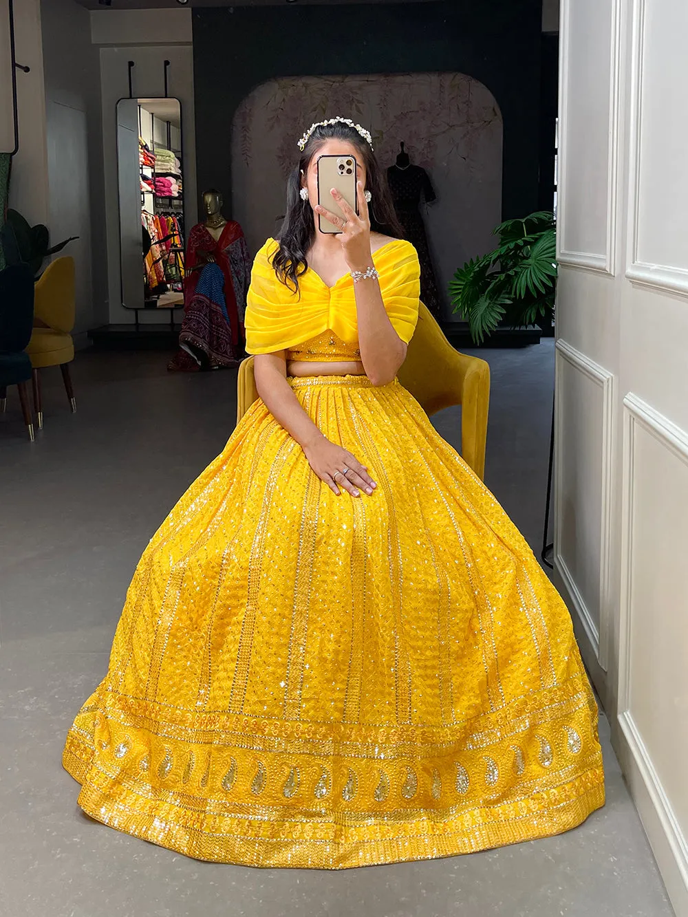 Yellow Color Sequins and Embroidery Thread Work Georgette Co-Ord Set Lehenga Choli