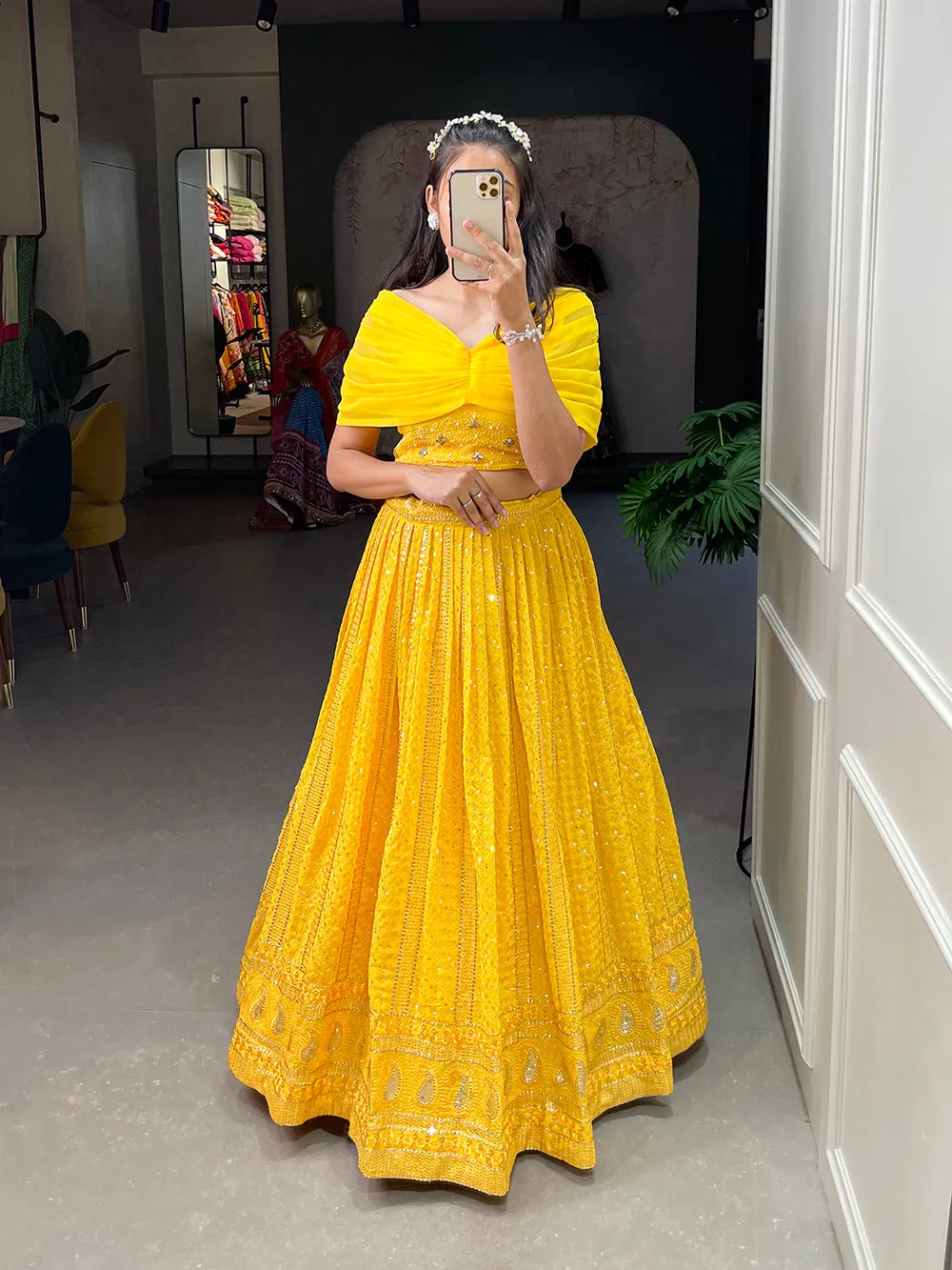 Yellow Color Sequins and Embroidery Thread Work Georgette Co-Ord Set Lehenga Choli