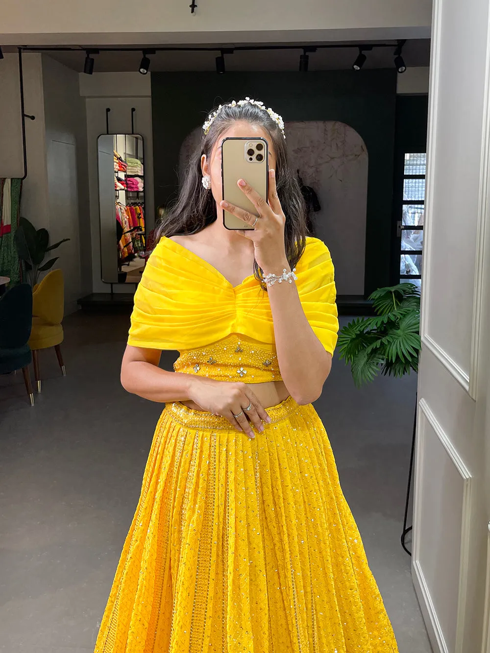 Yellow Color Sequins and Embroidery Thread Work Georgette Co-Ord Set Lehenga Choli