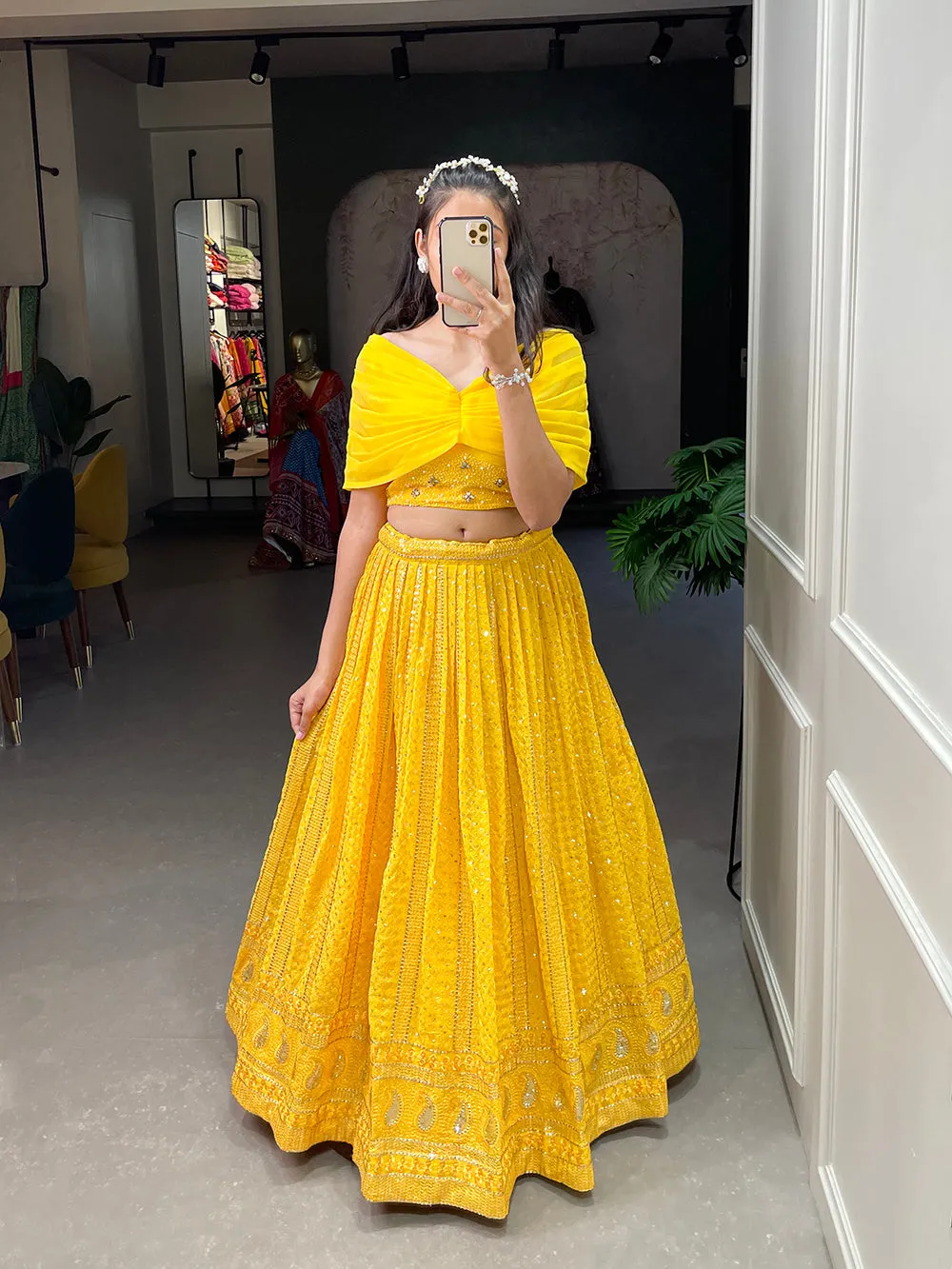 Yellow Color Sequins and Embroidery Thread Work Georgette Co-Ord Set Lehenga Choli